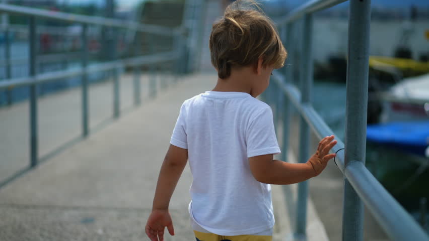 Back of one pensive child walking in bay bridge in contemplation. Thoughtful little boy thinking about life while strolling outdoors holding on rail | Shutterstock HD Video #1101051965