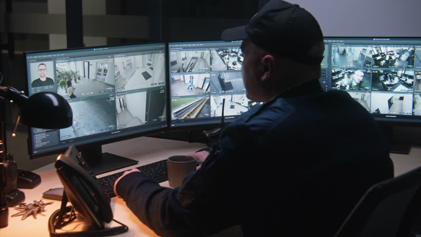 Security officer controls CCTV cameras in office, uses computers, talks by walkie-talkie. High tech software with surveillance cameras footage on screens. Modern security system and social safety. | Shutterstock HD Video #1101053099