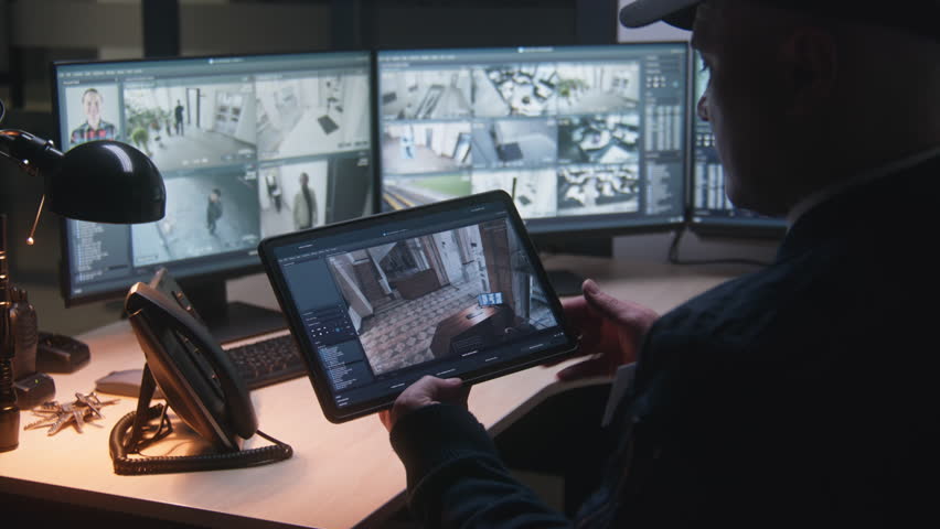 Security operator controls CCTV cameras in office, uses digital tablet and computers with surveillance camera playback on screens. High tech security with facial recognition. Concept of social safety. | Shutterstock HD Video #1101053145