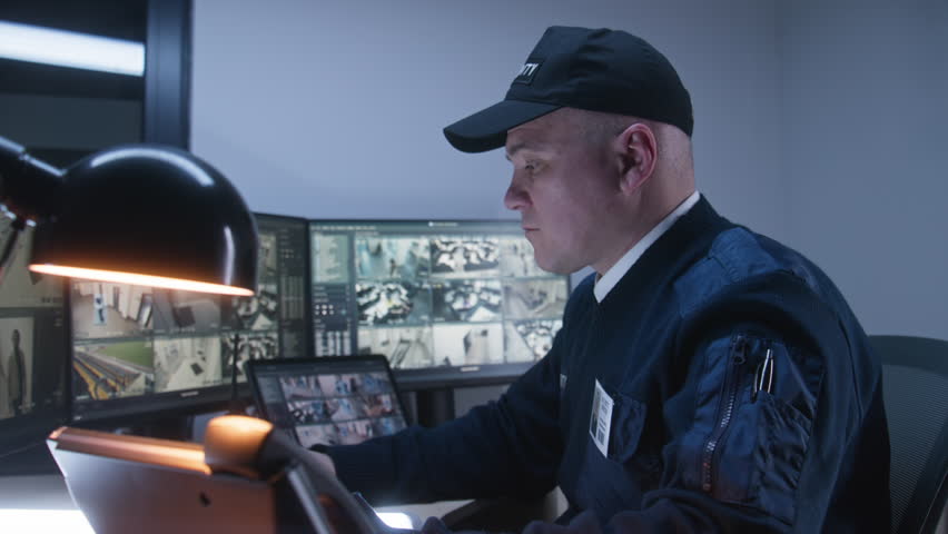 Security officer controls CCTV cameras in office, uses digital tablet and computers, makes call by landline phone. Software showing surveillance cameras footage on screens. Concept of social safety. Royalty-Free Stock Footage #1101053159