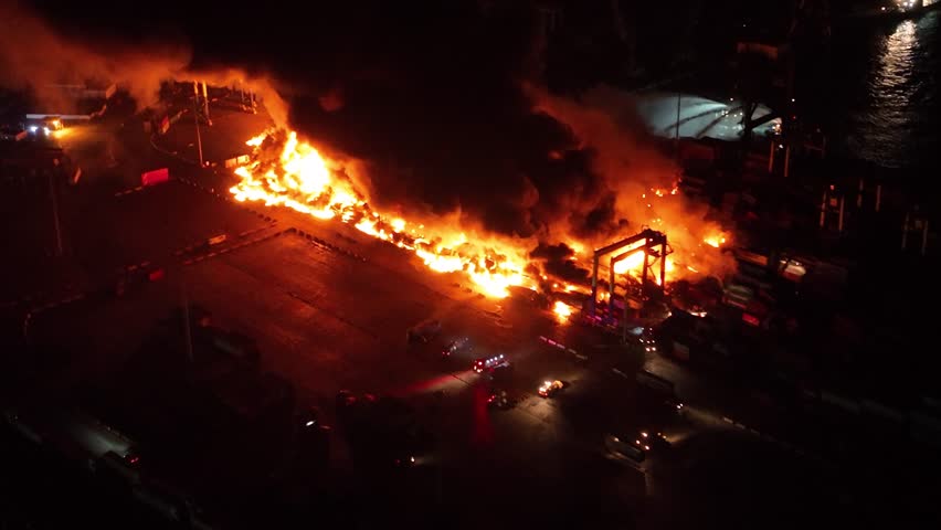Aerial view of the big fire in the port.Aerial view of the fire