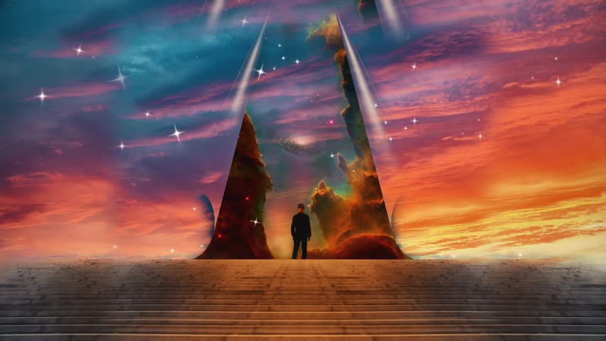 Man reveal galaxy. Surreal landscape. Animated 4K video