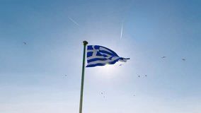 Flag of Greece waving in the wind, sky and sun background. Greece Flag Video. Realistic Animation, 4K UHD. 