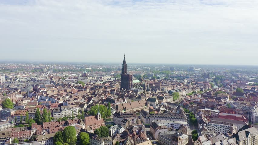 Inscription on video. Strasbourg, France. The historical part of the city, Strasbourg Cathedral. Text furry, Aerial View, Point of interest