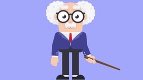 Animation of professor teaching with pointer stick. Business presentation and training concept. Cartoon video on transparent background.