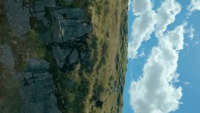 Vertical video. Rocky hills and fresh green grass passes quickly through the car window. Freedom and travel. Landscape of Norway