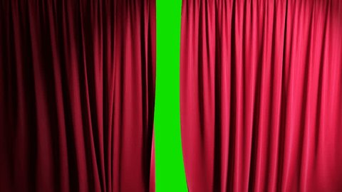 Red velvet theater curtains opening and closing. Isolated background with green chroma key, 4k. Adlı Stok Video