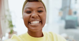 Face selfie, video call and black woman wave in home for social media vlog online. Influencer record, portrait and happy African vlogger live streaming for internet website, waving and kiss goodbye.