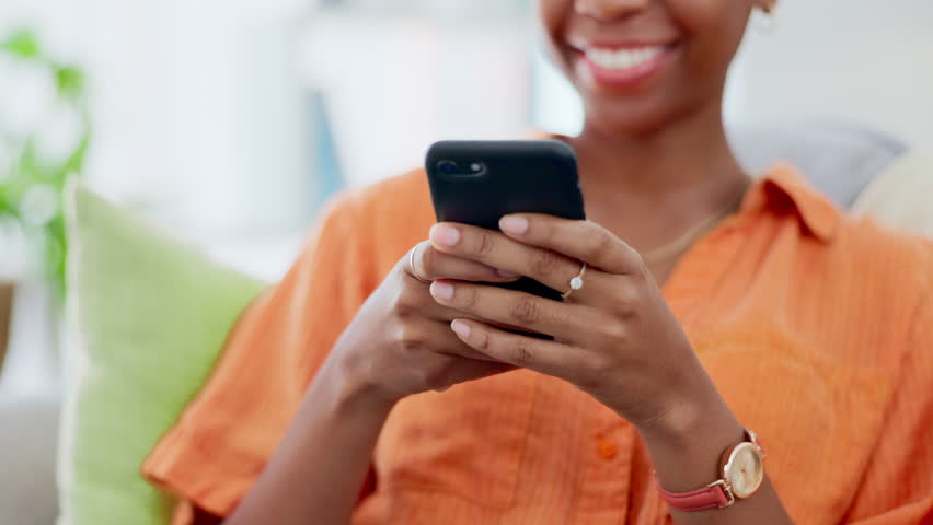 Phone, app and woman texting laughing at a meme online, internet and web or send message on social media. Hands of female person with mobile connection typing on cellphone as smartphone communication Royalty-Free Stock Footage #1101073061