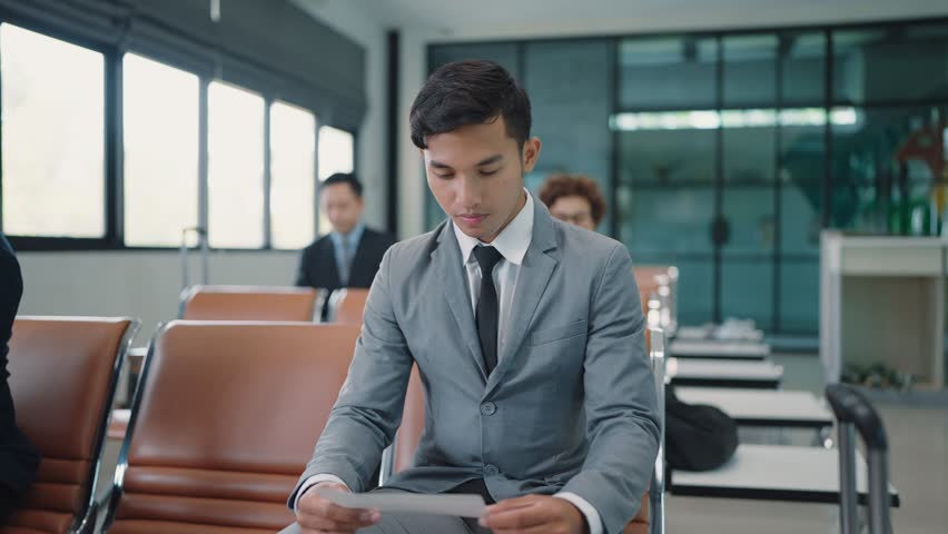 Close up smiling face of young Asian businessman wearing suit sitting at airport terminal looking at camera