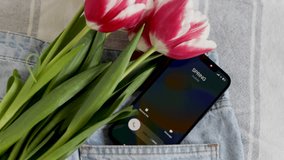 cute kid holding bouquet of tulips ,box gift sitting on bed giving,gift for mother march 8th women international day.child smelling tulip holding on nose.tulips in pants with phone calling spring - Powered by Shutterstock - Get 15% off with code: PIKWIZARD15