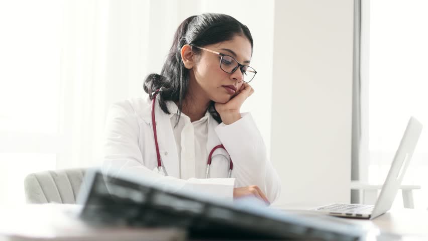 Boring lazy indian therapist doctor having long day working on laptop computer with lack of motivation in modern hospital Tired medical worker has problems with concentration at desk Procrastination Royalty-Free Stock Footage #1101077369