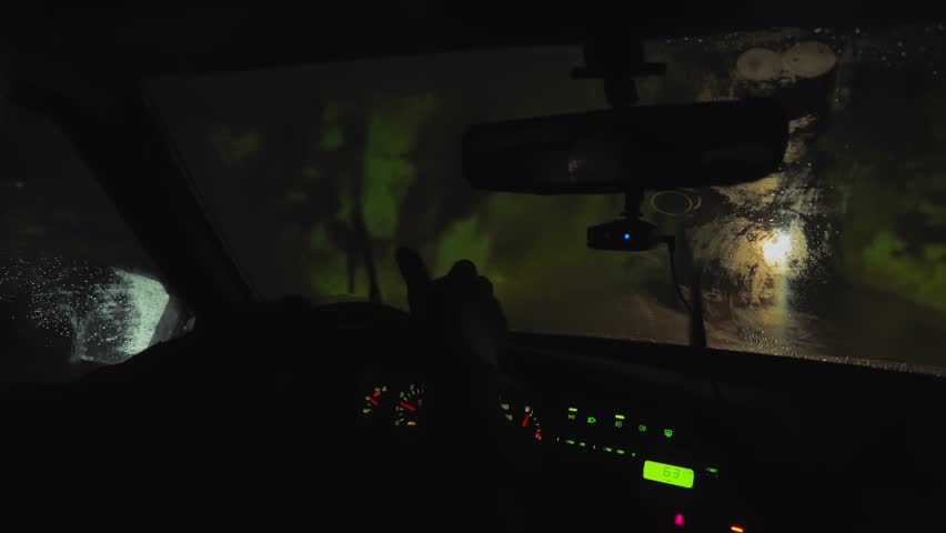 Driver In A Car Driving At Night The Light Of Oncoming Cars Blinds His Eyes. Driving A Vehicle In The Dark. Poor Visibility, Dangerous Driving Fatigue, Stress, Attention Royalty-Free Stock Footage #1101078967