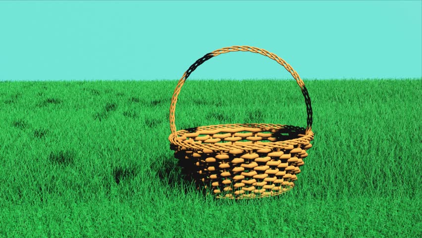 eggs fall from the sky onto the green grass and a nearby basket, 3d animation. rain of Easter eggs. Colorful easter eggs. bright and colorful Easter scene. Easter Egg Hunt