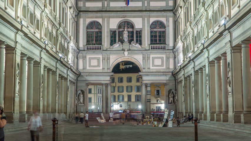 Uffizi Gallery timelapse. Prominent art museum located adjacent to Piazza della Signoria in central Florence, region of Tuscany, Italy. Night illumination of walls
