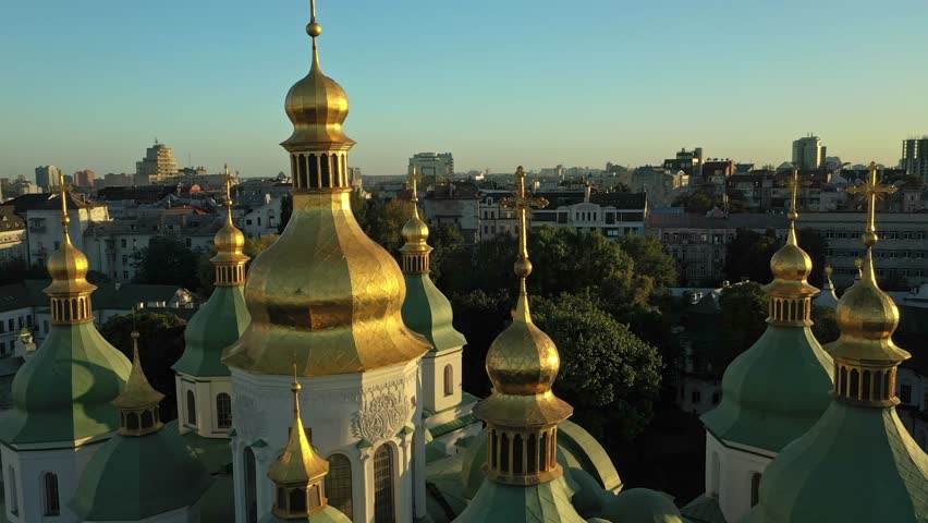 Beautiful view of St. Sophia Cathedral in the rays of the setting sun. Temple built in the first half of the 11th century in the center of Kyiv.