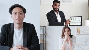 Video meeting. Digital conference. Online presentation. Successful business coach introducing data research on graphs to diverse team online at virtual office. - Powered by Shutterstock - Get 15% off with code: PIKWIZARD15