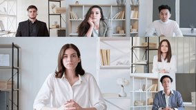 Online coaching. E-learning video call. Remote education. Professional webinar. Confident female teacher speaking to diverse students group in virtual class. - Powered by Shutterstock - Get 15% off with code: PIKWIZARD15