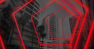 Animation of data processing, cityscape and red neon pattern. Global networks, computing, digital interface and data processing concept digitally generated video.