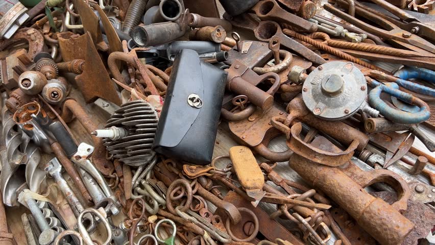 A flea market of old rusty things and tools. | Shutterstock HD Video #1101093081