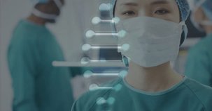 Animation of dna strand over portrait of smiling asian female surgeon in operating theatre. Medical and healthcare services concept digitally generated video.