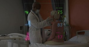 Animation of vital signs readings over diverse male doctor examining senior female patient. Medical and healthcare services concept digitally generated video.