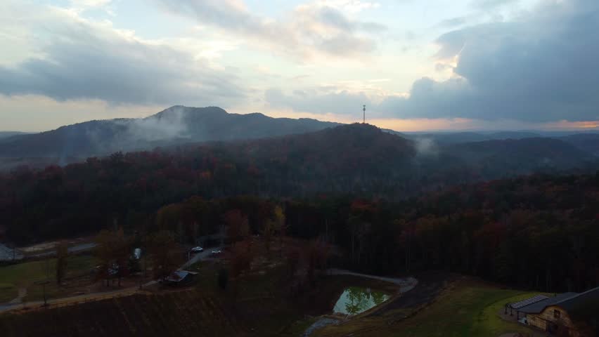 A drone shot of the mountains at sunset in Sunset South Carolina.