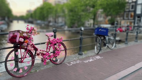 Pink Bicycle On The Bridge In Amsterdam, Tilt Shift Lens 스톡 비디오