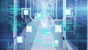 Animation of data processing over grid network against computer server room. Computer interface and business data storage technology concept - Powered by Shutterstock - Get 15% off with code: PIKWIZARD15