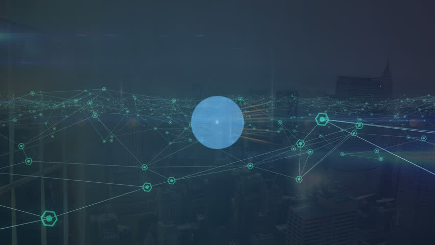 Animation of network of profile icons, data processing and light spot over aerial view of cityscape. Global networking and business technology concept - Powered by Shutterstock - Get 15% off with code: PIKWIZARD15