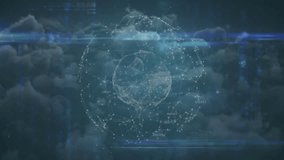 Animation of network of profile icons, spinning globe and data processing against clouds in the sky. Global networking and cloud data storage technology concept - Powered by Shutterstock - Get 15% off with code: PIKWIZARD15