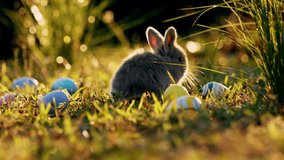 Adorable little bunny holland lop eating a fresh grass outdoors. Cute baby rabbit eating a green grass in the meadow with Easter eggs around with sunlight at the sunset time. Slow motion shot. - Powered by Shutterstock - Get 15% off with code: PIKWIZARD15