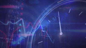 Animation of network of digital icons and data processing over ticking clock on blue background. Global networking and business interface technology concept - Powered by Shutterstock - Get 15% off with code: PIKWIZARD15