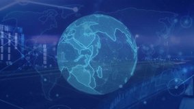 Animation of neon ticking clock over globe and world map against time-lapse of night city traffic. Global networking and business technology concept - Powered by Shutterstock - Get 15% off with code: PIKWIZARD15