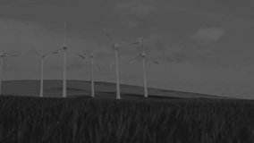 Animation of financial data processing over windmills. finances, sustainability, digitally generated video.