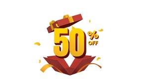 discount 50 percent off animation in surprise opening red gift box with golden ribbon and confetti - Powered by Shutterstock - Get 15% off with code: PIKWIZARD15