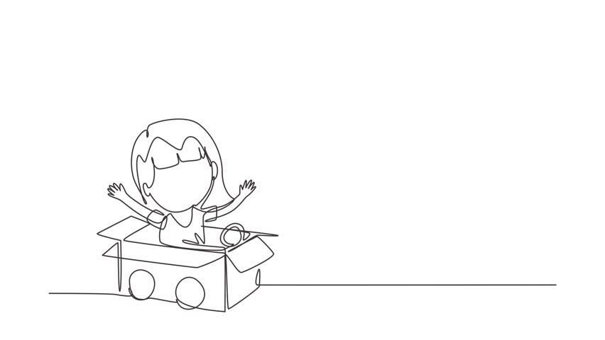 Animated self drawing of continuous line draw girl driving cardboard car. Happy child ride on toy car made of cardboard. Creative kids plays with her cardboard car. Full length single line animation