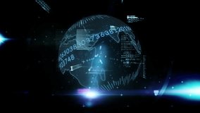 Animation of data processing over spinning globe and blue light spot against black background. Global networking and business interface technology concept - Powered by Shutterstock - Get 15% off with code: PIKWIZARD15