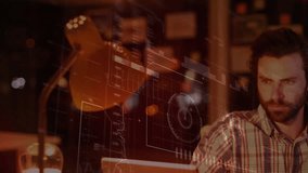 Animation of interface with data processing over tired caucasian man using computer at office. Computer interface and business technology concept - Powered by Shutterstock - Get 15% off with code: PIKWIZARD15