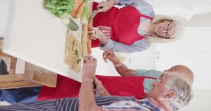 Vertical video of diverse senior male and female friends preparing food in kitchen, slow motion. Friendship, cooking and active senior lifestyle.