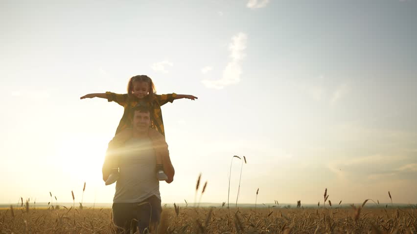 Father and daughter in the park. happy family a behind his back walking in a wheat field silhouette. happy family kid dream concept. father and daughter sunset piggyback happy family | Shutterstock HD Video #1101113643