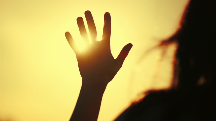 Hand of happy girl at sunset with glittering golden light. sunset between the hands of a girl. this happy girl stretches her hand to the sun. girl silhouette stretches out her hand to the sun dream | Shutterstock HD Video #1101114083