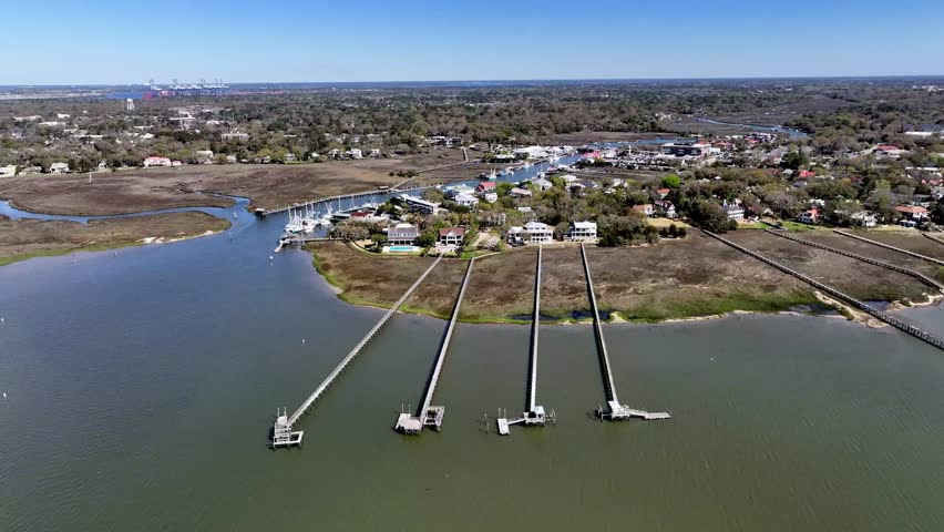 long docks, deep water docks into the cooper river near shem creek sc, south carolina near charleston sc, south carolina