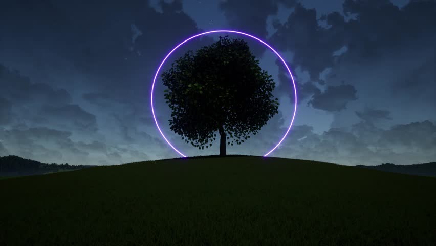 color Neon circle blink tree on hill 4k. 3D Illustration