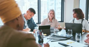 Business, team and woman in meeting, brainstorming and conversation in office. Staff, female leader and teamwork for brand development, digital marketing and collaboration for advertising campaign. - Powered by Shutterstock - Get 15% off with code: PIKWIZARD15