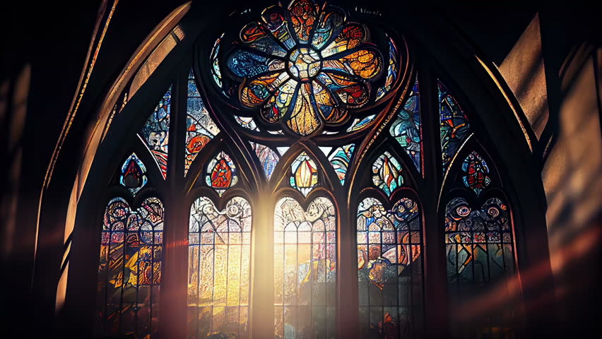 The stained glass on the wall of the church with the reflection of the sun getting in Royalty-Free Stock Footage #1101118545