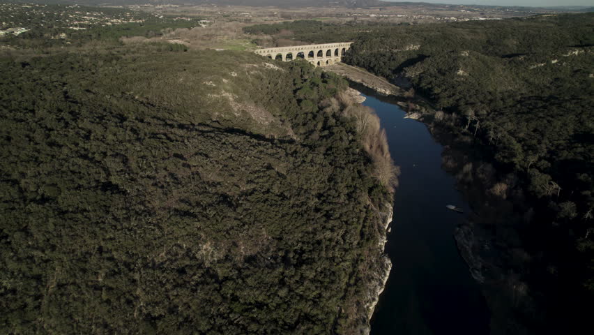 Roman Bridge on the back, Pont du Gard, near Nimes, South of France