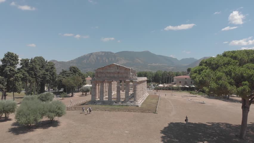 Temple of Athena in Paestum. Southern Italy. Drone video footage.