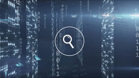 Animation of digital magnifying glass and people icons, binary coding and data processing. Global networks, digital interface, data processing and connections concept digitally generated video. - Powered by Shutterstock - Get 15% off with code: PIKWIZARD15