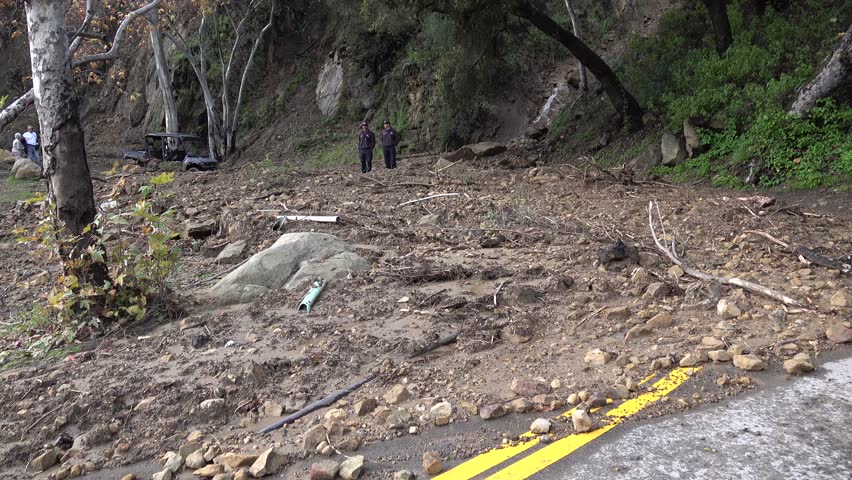 Santa barbara, california - circa 2023 - officials look over storm damage in a santa barbara, california forest.